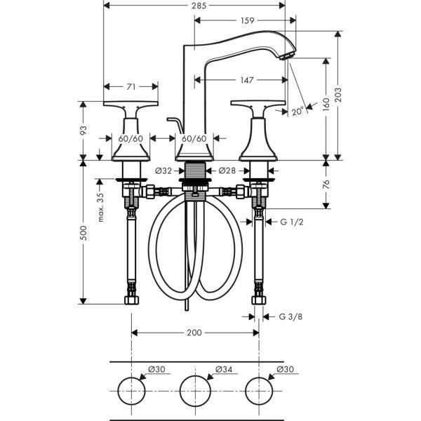 HANSGROHE METROPOL CLASSIC 3-DELIKLI LAVABO BATARYASI 160 MM ARTI VOLAN KROM/ALTIN OPTIK 31307090