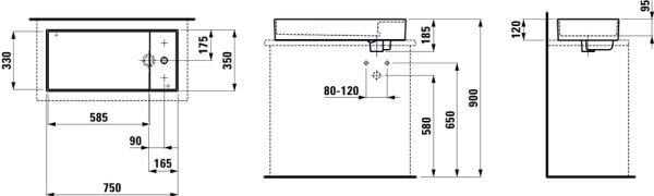 LAUFEN KARTELL ETAJERLI CANAK LAVABO SAG SIYAH 750x350 MM H8123320201111