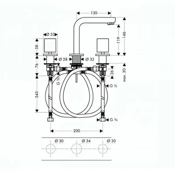HANSGROHE METROPOL 3-DELIKLI LAVABO BATARYASI  KROM 14063000