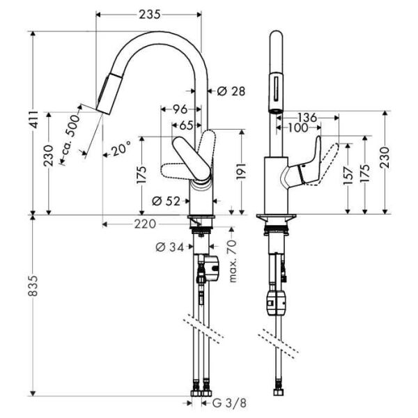 HANSGROHE FOCUS M41 EVYE BATARYASI TEK KOLLU CEKILEBILIR EL DUSU 2JET PASLANMAZ CELIK 31815800