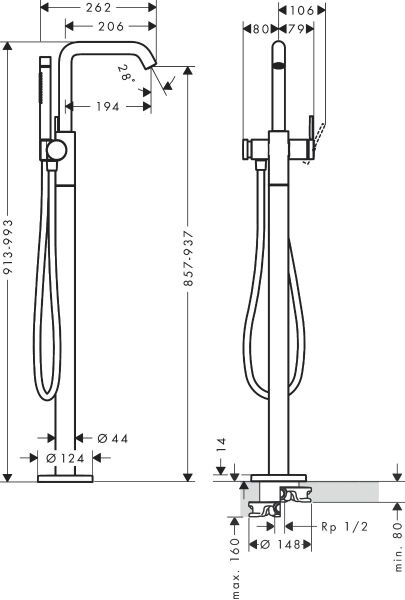 HANSGROHE TECTURIS S TEK KOLLU KUVET BATARYASI YERDEN  MAT BRONZ 73440140