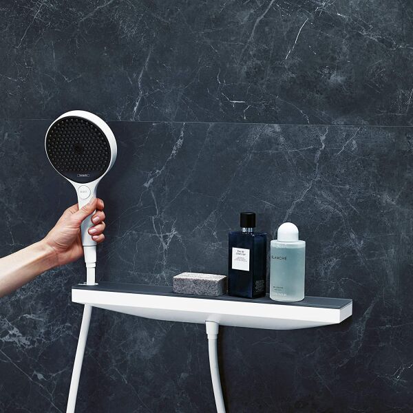 HANSGROHE RAINFINITY PORTER DUVARDAN 500 DUS ASKISI VE SOL DUS RAFI ILE SATIN BEYAZ 26843700