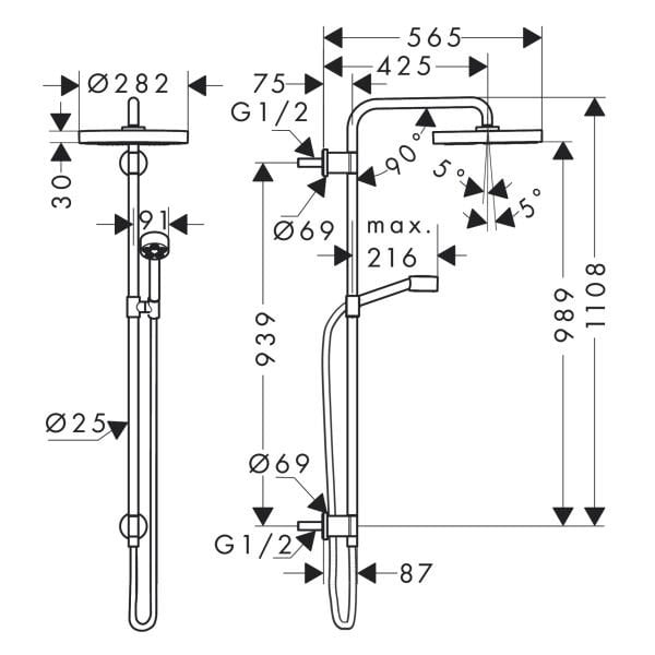 AXOR ONE DUS KOLONU 280 1JET MAT SIYAH KROM 48790340