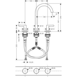 AXOR ONE 3-DELIKLI LAVABO BATARYASI 170MM BAS-AC GIDER SETI ILE MAT NIKEL 48050820