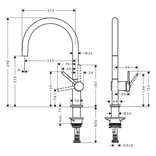 HANSGROHE TALIS M54 EVIYE BATARYASI TEK KOLLU 220 1 JET SATIN SIYAH 72804670