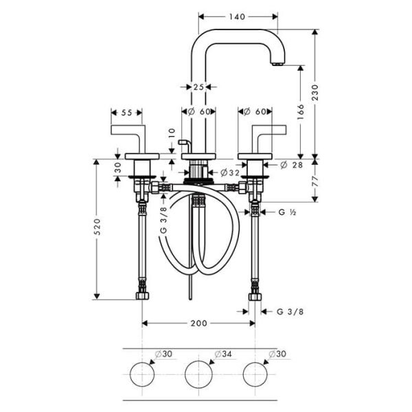 AXOR CITTERIO 3-DELIKLI LAVABO BATARYASI 170 140MM GAGA ILE MAT NIKEL 39135820