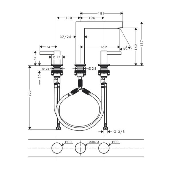 HANSGROHE FINORIS LAVABO BATARYASI 3 DELIKLI 160 BAS AC GIDER SETI ILE SATIN SIYAH 76034670
