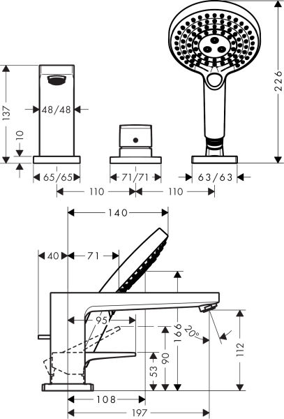 HANSGROHE METROPOL TEK KOLLU KUVET KENARI 3-DELIKLI BANYO BATARYASI KROM 32551000