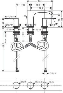 HANSGROHE VIVENIS LAVABO BATARYASI 3 DELIKLI 90 KUMANDALI KROM 75033000