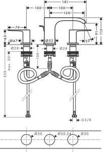 HANSGROHE VIVENIS LAVABO BATARYASI 3 DELIKLI 90 KUMANDALI KROM 75033000