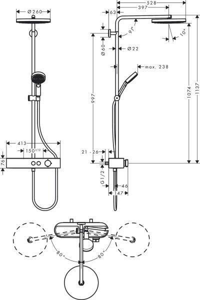 HANSGROHE PULSIFY S DUS KOLONU 260 1JET SHOWER TABLET SELECT 400 ILE KROM 24220000