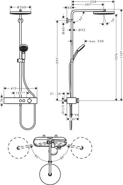 HANSGROHE PULSIFY S DUS KOLONU 260 1JET SHOWER TABLET SELECT 400 ILE KROM 24220000