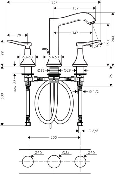 HANSGROHE METROPOL CLASSIC 3-DELIKLI LAVABO BATARYASI KUMANDALI CUBUK VOLANLI KROM 31331000