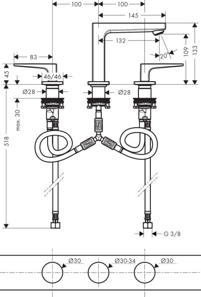 HANSGROHE METROPOL 3-DELIKLI LAVABO BATARYASI 110 BAS-AC GIDER SETI KROM 32514000