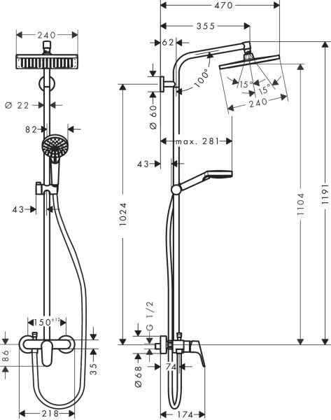 HANSGROHE CROMETTA E DUS KOLONU 240 1 JET TEK KOLLU BATARYA ILE KROM 27284000