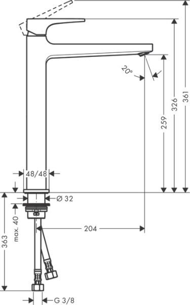 HANSGROHE METROPOL TEK KOLLU LAVABO BATARYASI 260 CUBUK VOLAN MAT SIYAH KROM 32512340
