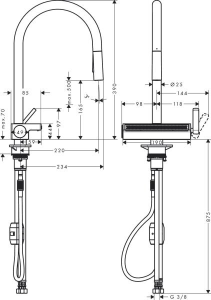 HANSGROHE AQUNO SELECT M81 TEK KOLLU EVIYE BATARYASI 170 CEKILEBILIR EL DUSU 3JET KROM 73837000