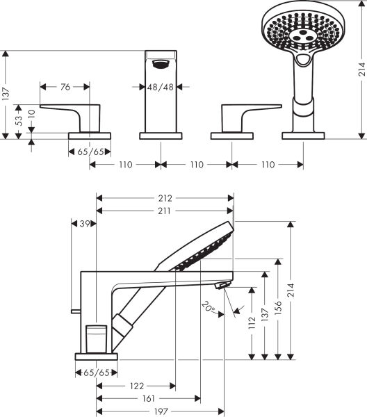 HANSGROHE METROPOL 4-DELIKLI KUVET BATARYASI CUBUK VOLON ILE KROM 32552000