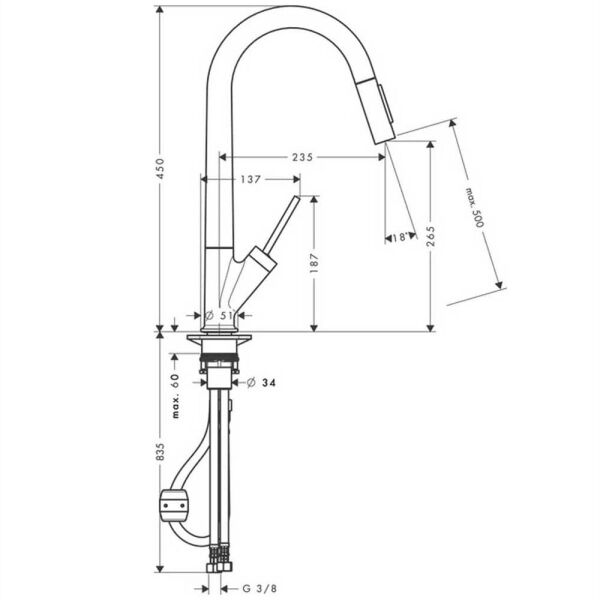 AXOR STARCK EVIYE BATARYASI 270 SPIRALLI MAT SIYAH KROM 10821340
