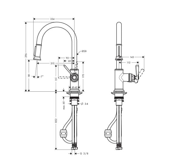AXOR MONTREUX EVIYE BATARYASI TEK KOLLU 180 SPIRALLI EL DUSU PARLAK NIKEL 16581830